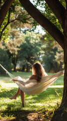 Young woman relaxing in a hammock with a book, mobile friendly