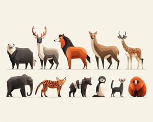 various animals in a simple and colorful geometric polygon style