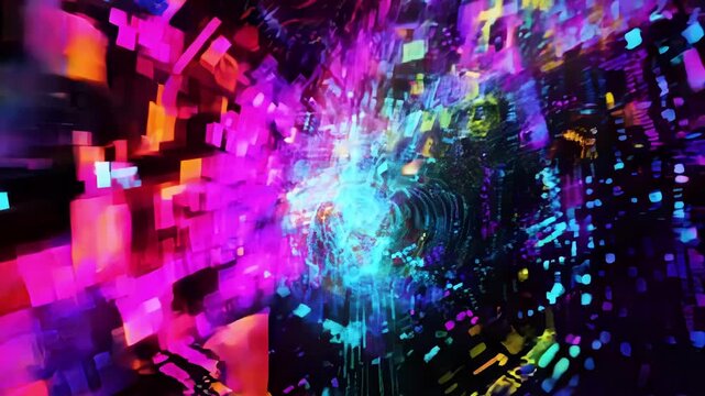 A futuristic and scifi inspired depiction of chromatic aberration showcasing a world of vibrant particles and digital glitches.