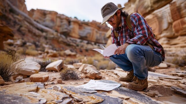 A geologist studying rock formations in a natural landscape