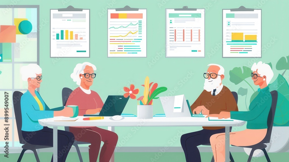 Poster a group of elderly individuals collaborates around a table, using laptops and discussing various pro