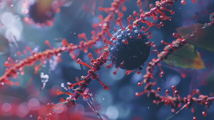 A vivid depiction of a microscopic virus, with vibrant red spikes, surrounded by intricate branching structures.