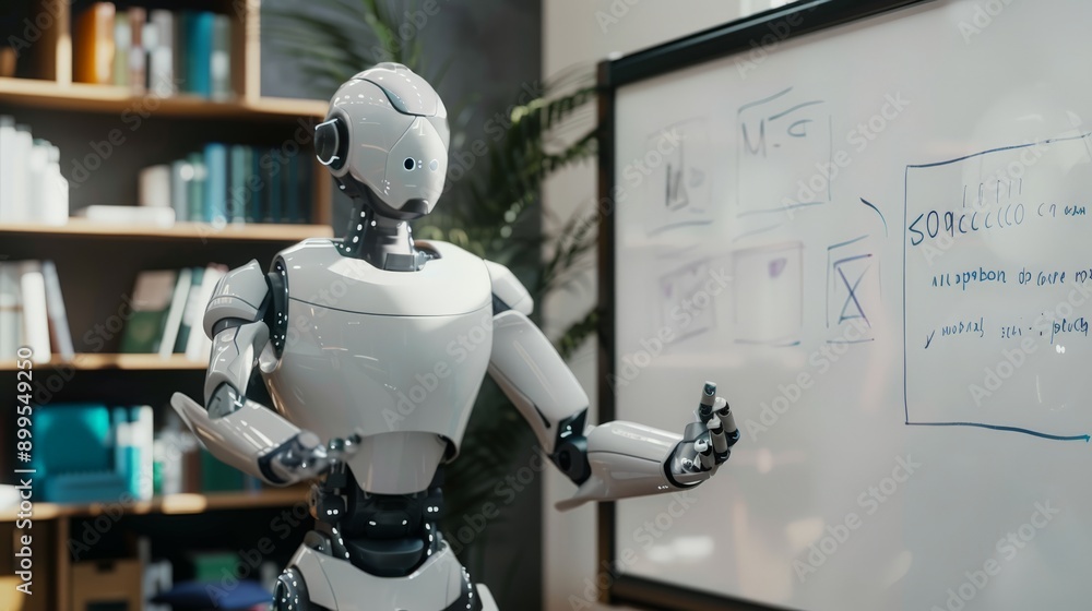 Poster AI robot presenting information on whiteboard in modern office. Demonstration of advanced robotics in workplace.
