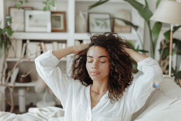 Young woman with curly hair is sitting with her eyes closed, massaging her scalp with both hands