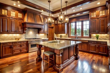 Elegant kitchen interior featuring rich wood tones, intricate moldings, and sleek high-end appliances, bathed in warm, golden light, exuding luxury and sophistication.