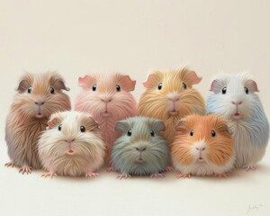 A group of guinea pigs in a variety of colors and poses. The guinea pigs are all looking at the camera with curious expressions.
