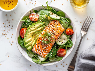 Top view of Keto salad with salmon on background. Avocado. Spinach. cucumber. Sesame seeds and cashew nuts. Low-carbohydrate breakfast rich in healthy fats.