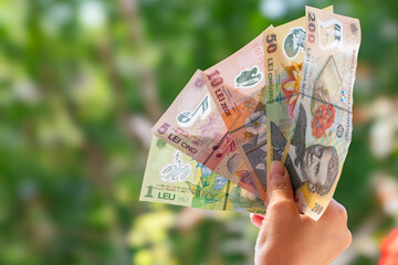 Fan of Romanian Lei banknotes in hand