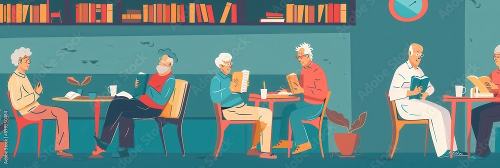 Poster a group of elderly individuals studies foreign languages using books and dictionaries in a cozy cafe