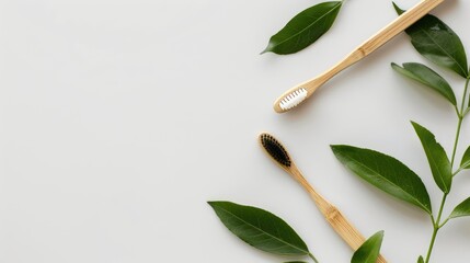 Bamboo toothbrush and toothpaste with carbon on white background viewed from above with space for text