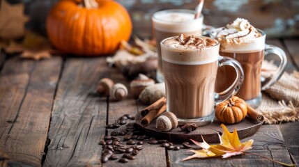 Three mugs of coffee with whipped cream and a pumpkin on a wooden table