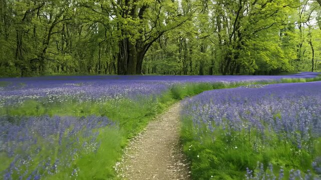 Winding path through bluebell meadow in spring
