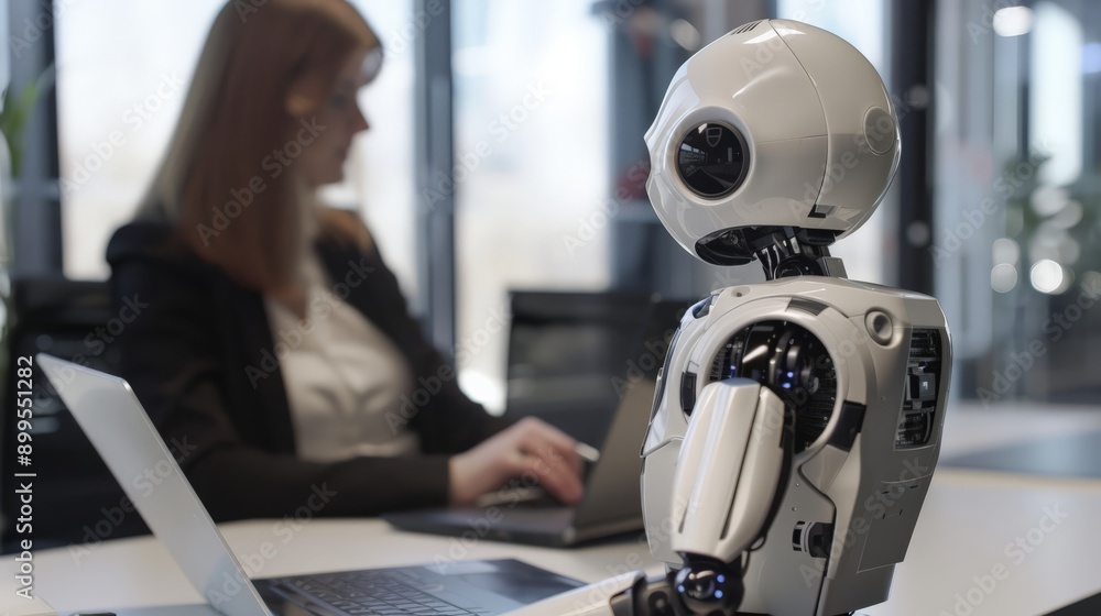 Poster humanoid robot working alongside human in a modern office. ai and robotics.