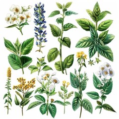 A variety of medicinal plants, including chamomile, lavender, and mint.