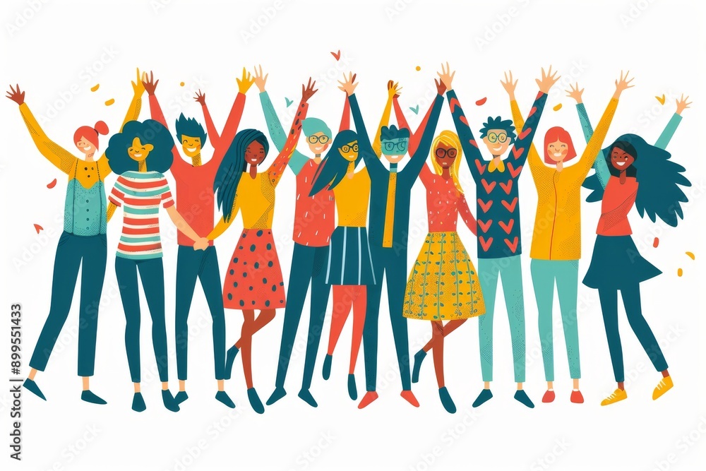 Poster vibrant illustration of a diverse group celebrating together representing unity joy and community in