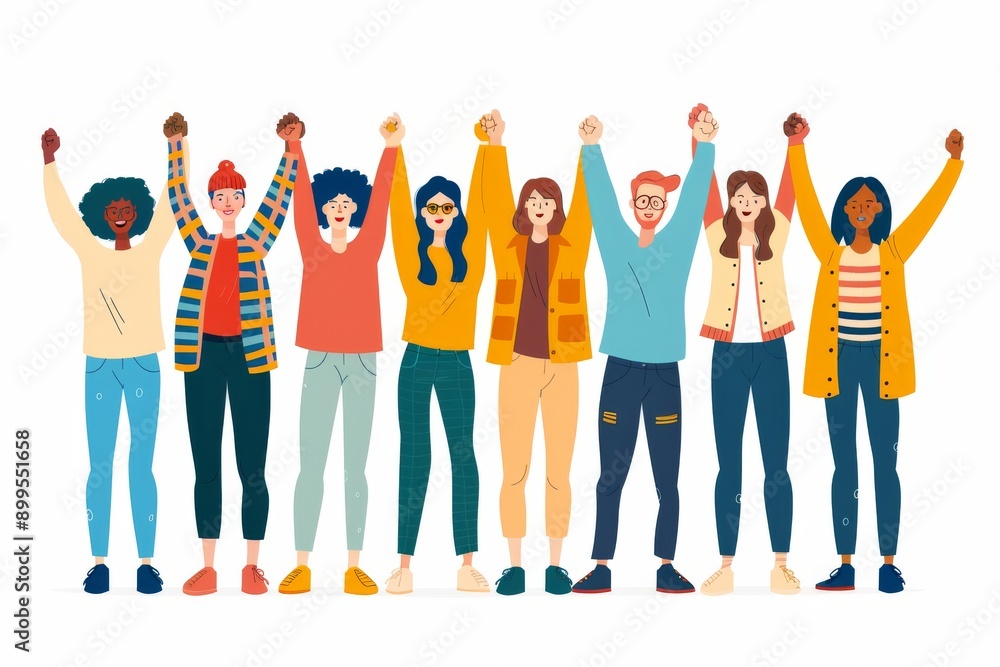 Poster Dynamic illustration of a multicultural group cheering highlighting diversity unity and happiness in a vibrant setting