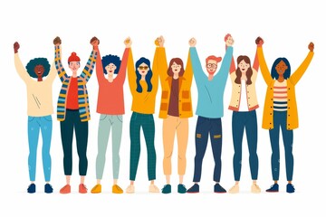 Obraz premium Dynamic illustration of a multicultural group cheering highlighting diversity unity and happiness in a vibrant setting