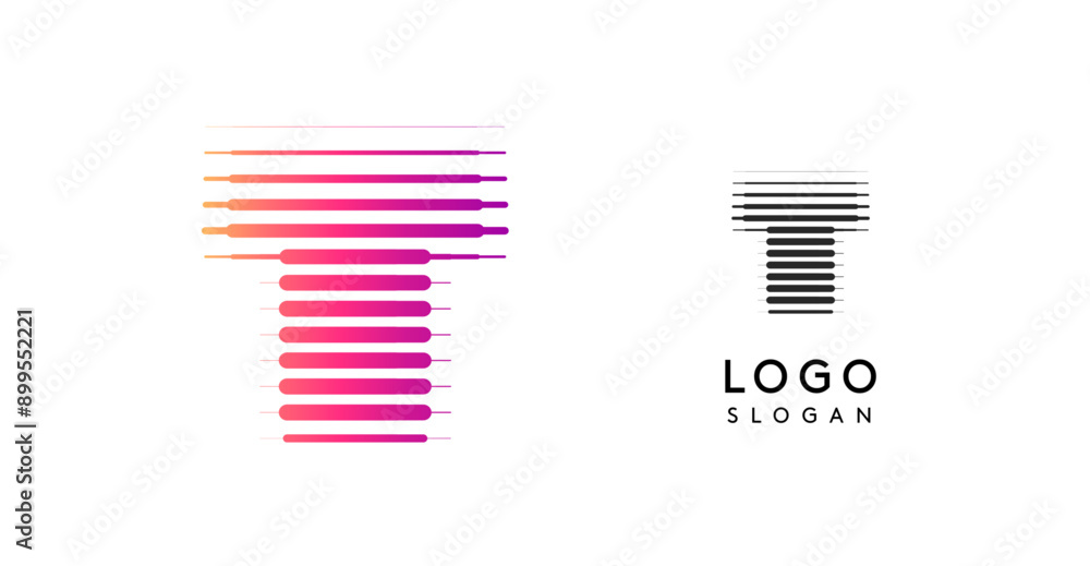 Poster abstract wide letter t, logo with horizontal gradient lines, dynamic gradient logotype for tech comp
