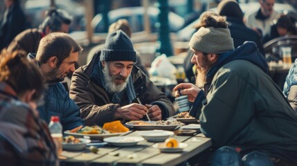 Unity in Hardship: Homeless Individuals Sharing a Meal at a Soup Kitchen, Embracing Community Support