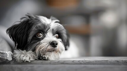 A black and white portrait of a Shih Tzu with expressive eyes and soft fur.