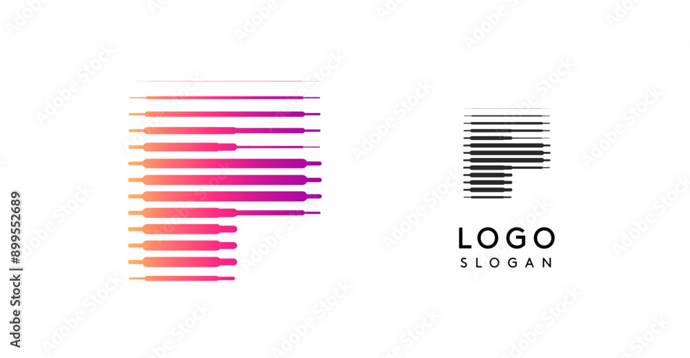 Fototapete abstract wide letter f, logo with horizontal gradient lines, dynamic gradient logotype for tech comp