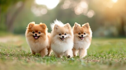 A group of Pomeranians playing in a park.