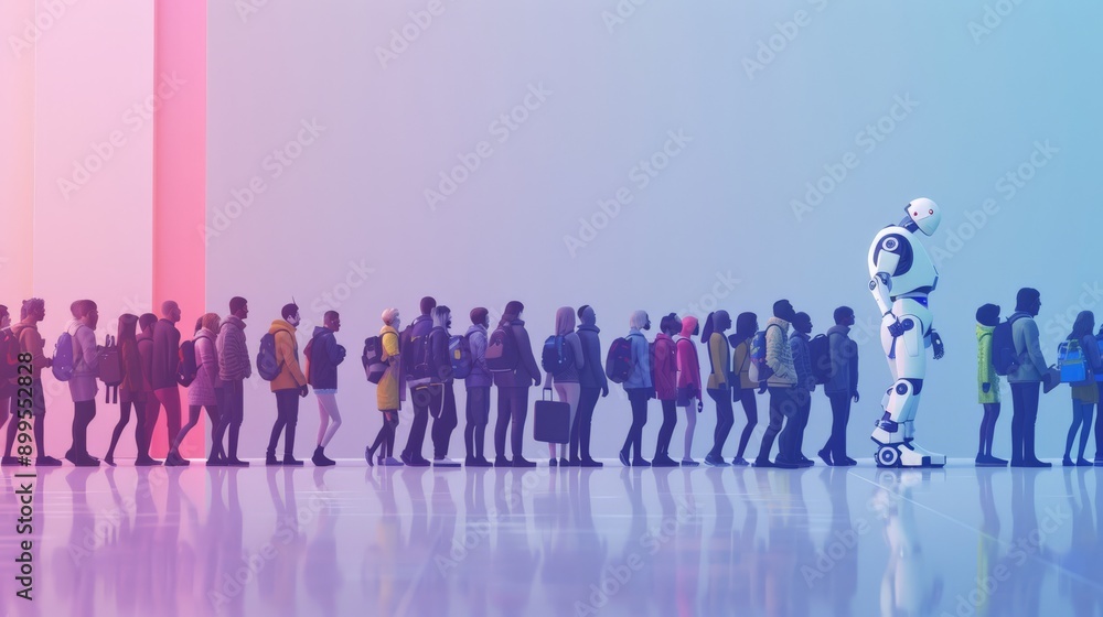 Aufkleber Robot standing in line with people in a colorful, artistic setting. The image highlights the integration of AI and human activities in a creative environment.