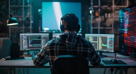A man is sitting at a desk with a computer monitor in front of him