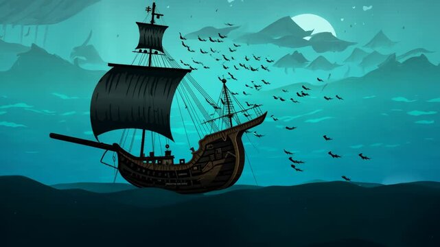 Sailing Ship at Night Under a Full Moon