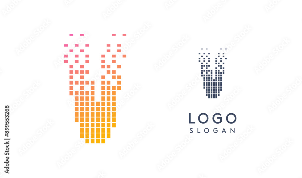Aufkleber Pixelated Letter V transitioning into scattered pixels with gradient colors creating modern, digital effect like equalizer. Abstract logo for tech software and digital media. Vector illustration.