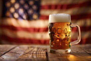 Frothy beer mug over wooden surface, US flag backdrop