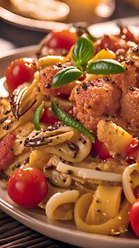 Spicy pasta as spirali with tomato sauce and cheese, healthy Italian delicious meal in plate. Vertical.