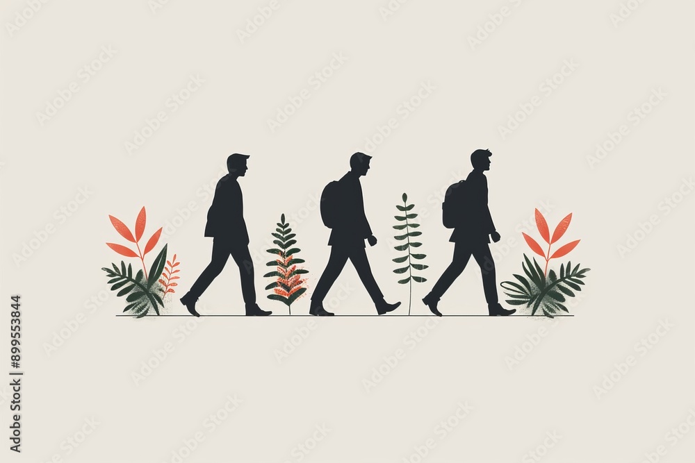 Poster modern illustration of people walking together symbolizing unity progress and teamwork in a simple e