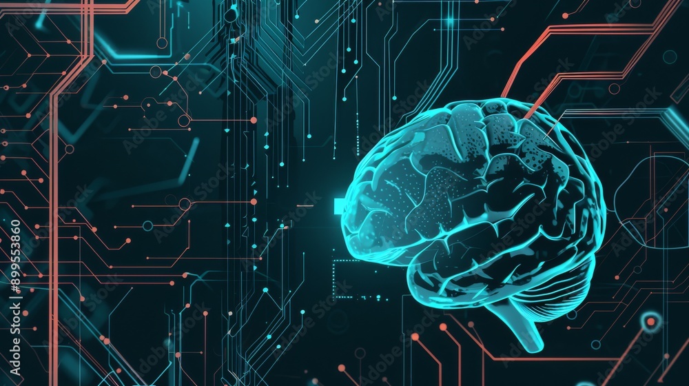 Poster digital illustration of a glowing brain integrated with a futuristic circuit board. the image symbol