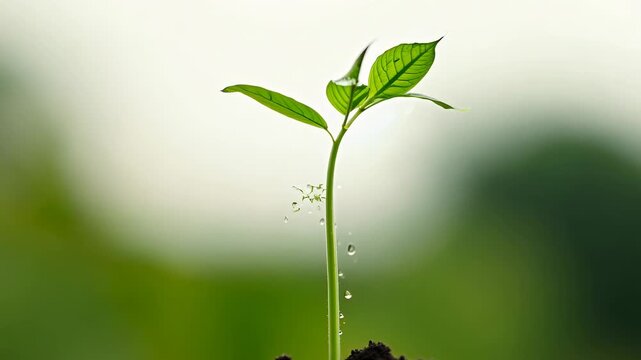 Young green plant sprouting in rich soil on a sunny day