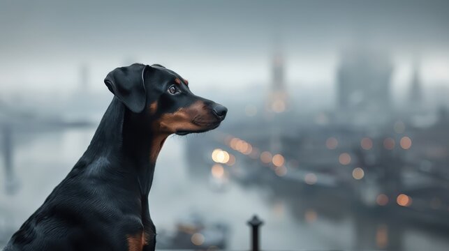 A Doberman Pinscher guards a rooftop overlooking a cityscape.
