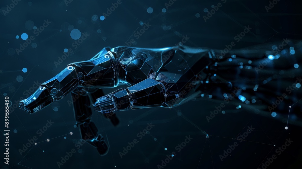 Poster Robotic hand with digital accents reaching out in a smoke-filled environment. Ideal for illustrating robotics and AI technology.
