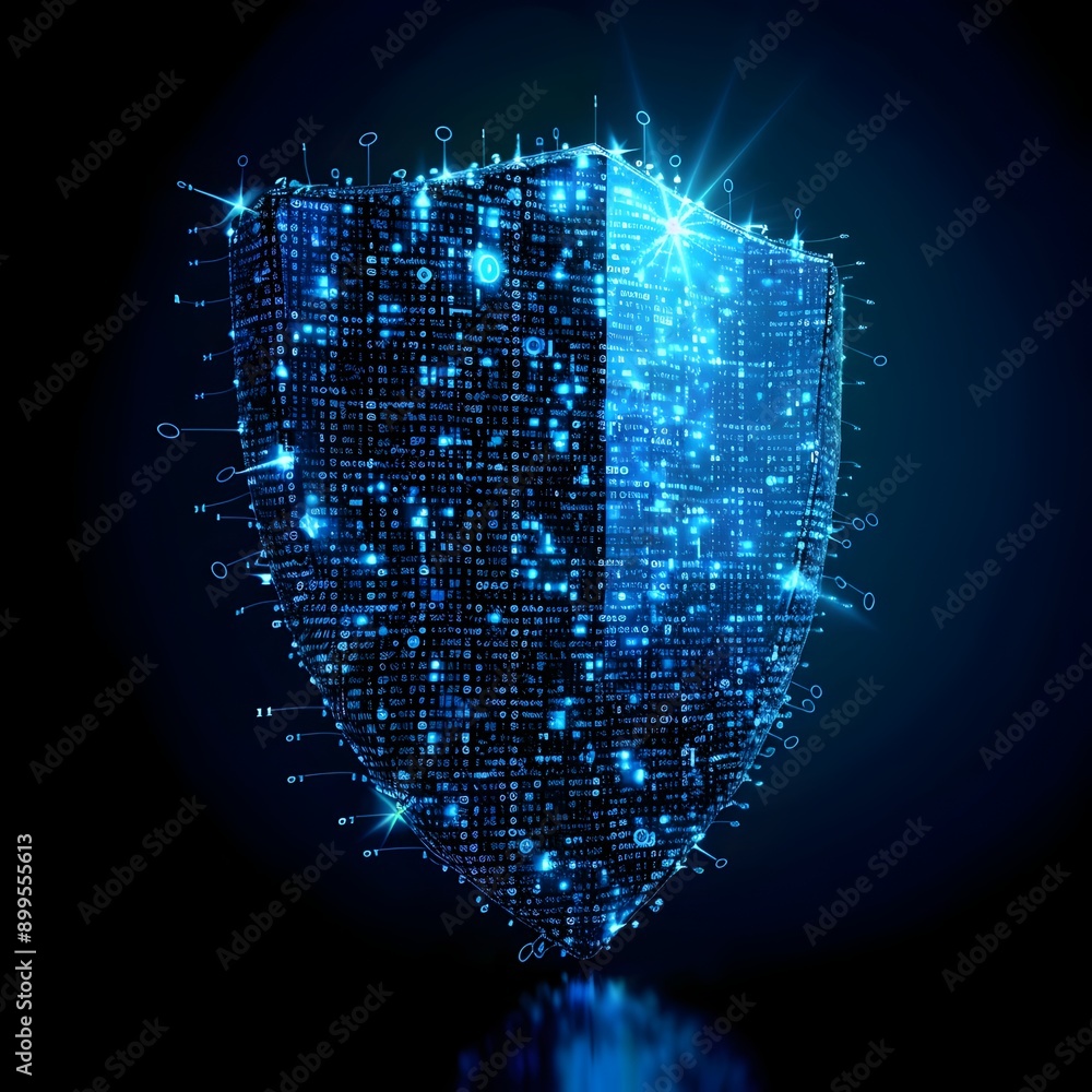 Poster glowing digital shield with binary code symbolizing cybersecurity and futuristic technology concept