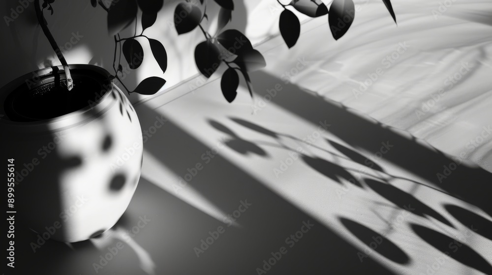 Poster black and white photo of plant leaves casting intricate shadows on a wall. the interplay of light an