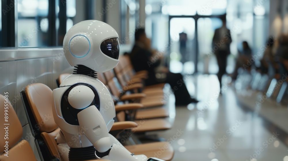 Poster robot sitting in a modern waiting area among humans, symbolizing the future of technology integratio