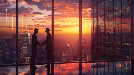 Corporate Partnership Handshake Agreement at Sunset. Two Professional Businessmen Sealing Deal in Front of City Skyline, High Quality Detailed Image