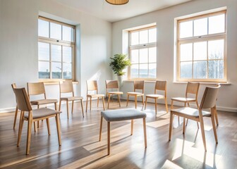 Empty chairs forming a circle in a calm, minimalist room, with a subtle hint of natural light, await a supportive community for mental health healing.