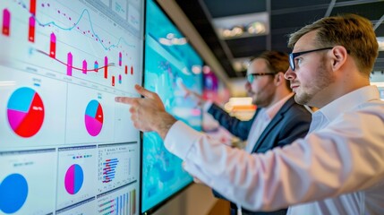 Show a marketing team reviewing analytics and performance metrics on a large screen, discussing key insights and making data-driven decisions.