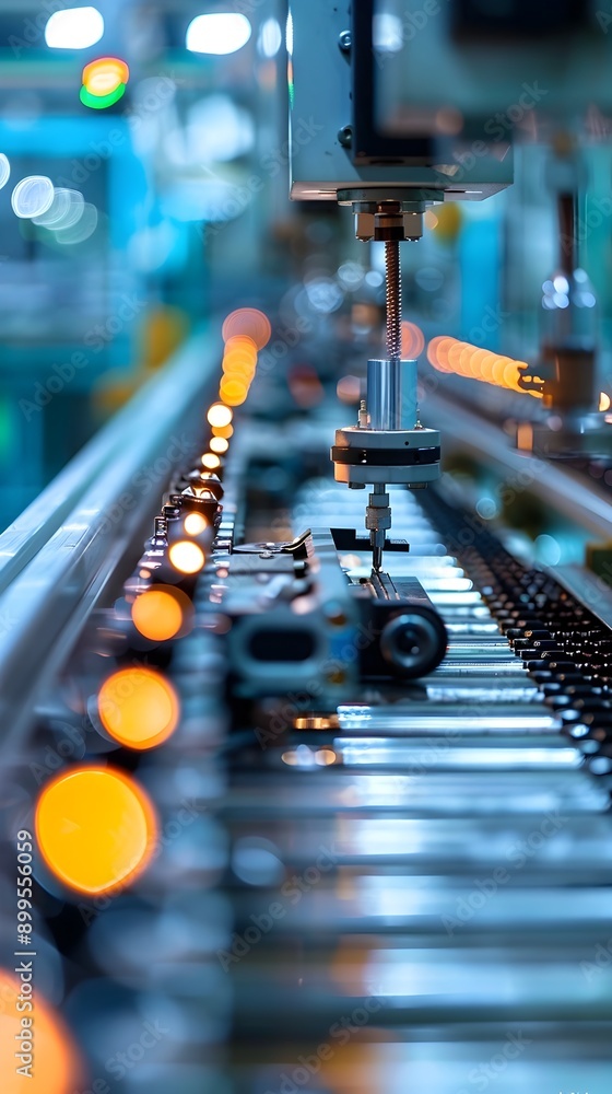 Poster modern high tech electronics assembly line with efficient robotic production process