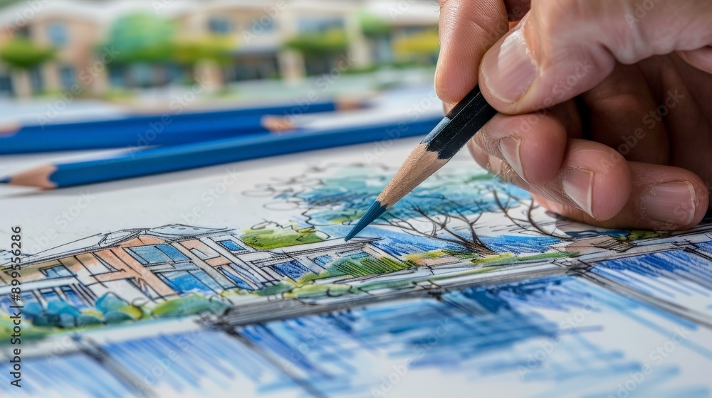 Poster show an architect sketching the conceptual design for a waterfront development, featuring elegant ar