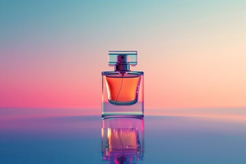 A perfume bottle mockup floating in mid-air against a soft, gradient background