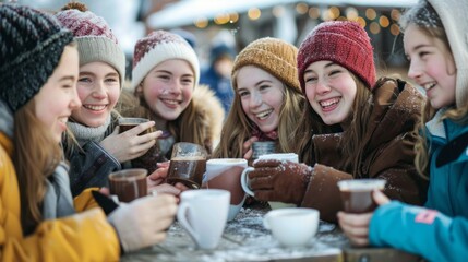 Fototapeta premium A group of girls having coffee at an outdoor cafe in a village, capturing nature and winter, drinking hot chocolate, wearing warm gloves, smiling with their hands around the table, they look happy