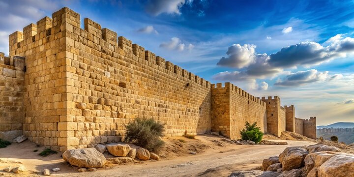 Ancient stone city walls stretch across the desert landscape, worn by time, yet still exuding strength and resilience, a testament to Israel's rich historical heritage.