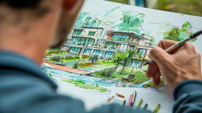 Show an architect sketching a sustainable residential development, focusing on energy-efficient design elements and eco-friendly materials that reduce environmental impact. - Powered by Adobe
