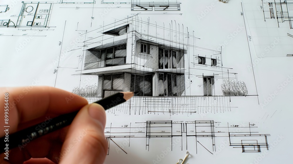 Poster show an architecture student sketching the blueprints for a modern urban apartment complex, emphasiz